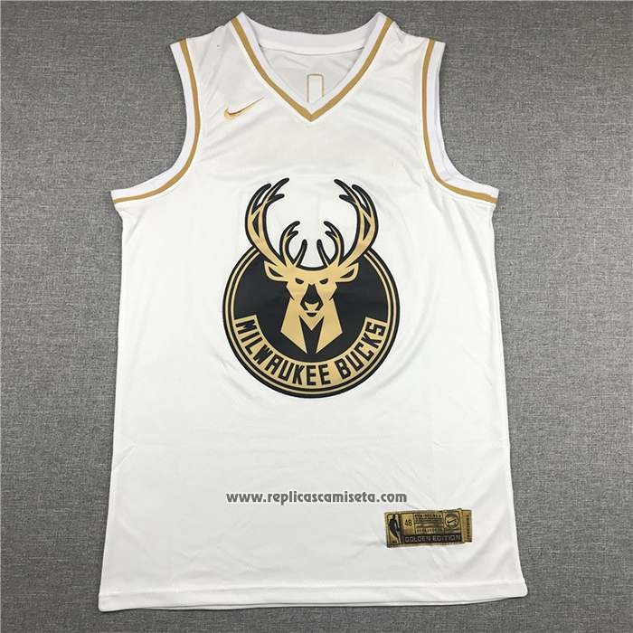 Camiseta Golden Edition Milwaukee Bucks Giannis Antetokounmpo #34 Blanco
